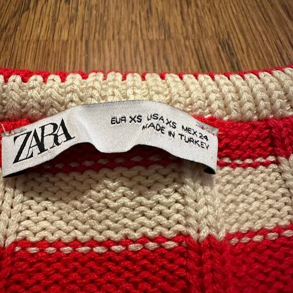 Zara red white striped cable knit long sleeve cardigan sweater XS wide collar - Picture 5 of 10